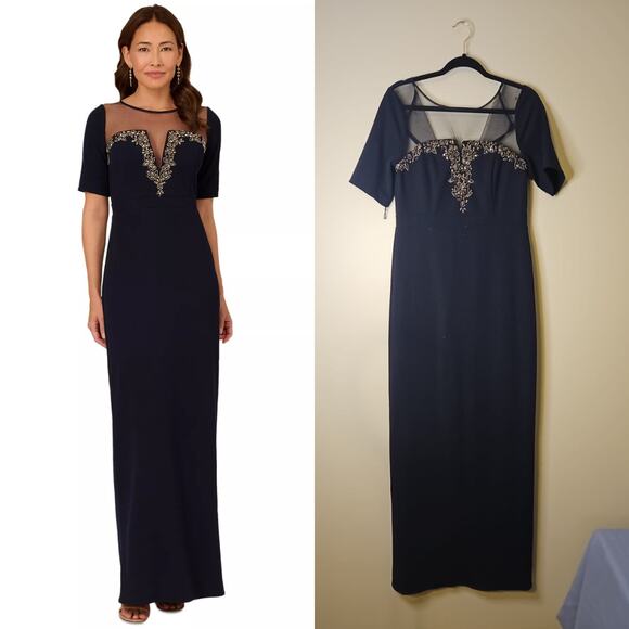 Adrianna Papell Beaded Illusion-Neck Floor-Length Gown - Picture 1 of 4